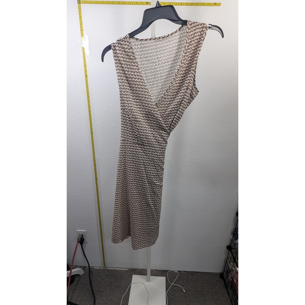 Brown White Geometric Houndstooth Sleeveless Wrap V-Neck‎ Knee Length Dress XL